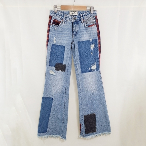 Free People Plaid Mixed Slim Flare Jeans patchwork studded size 24 - Picture 4 of 9
